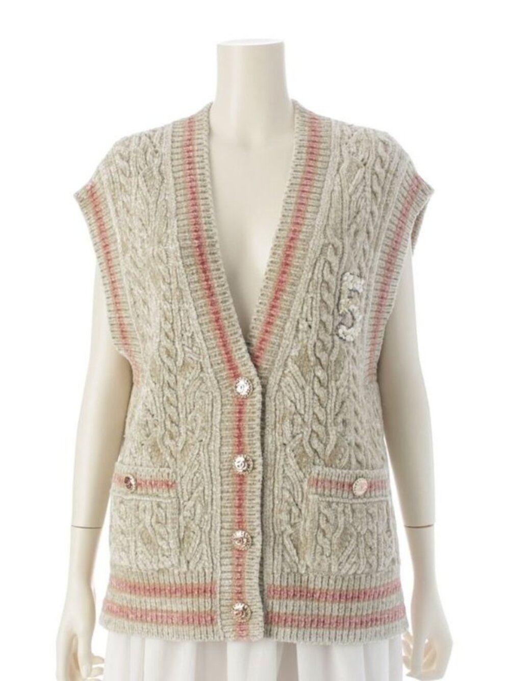 Chanel 22 AW Cashmere Blend Mixed Fiber Coco Button Knit Vest Beige 38